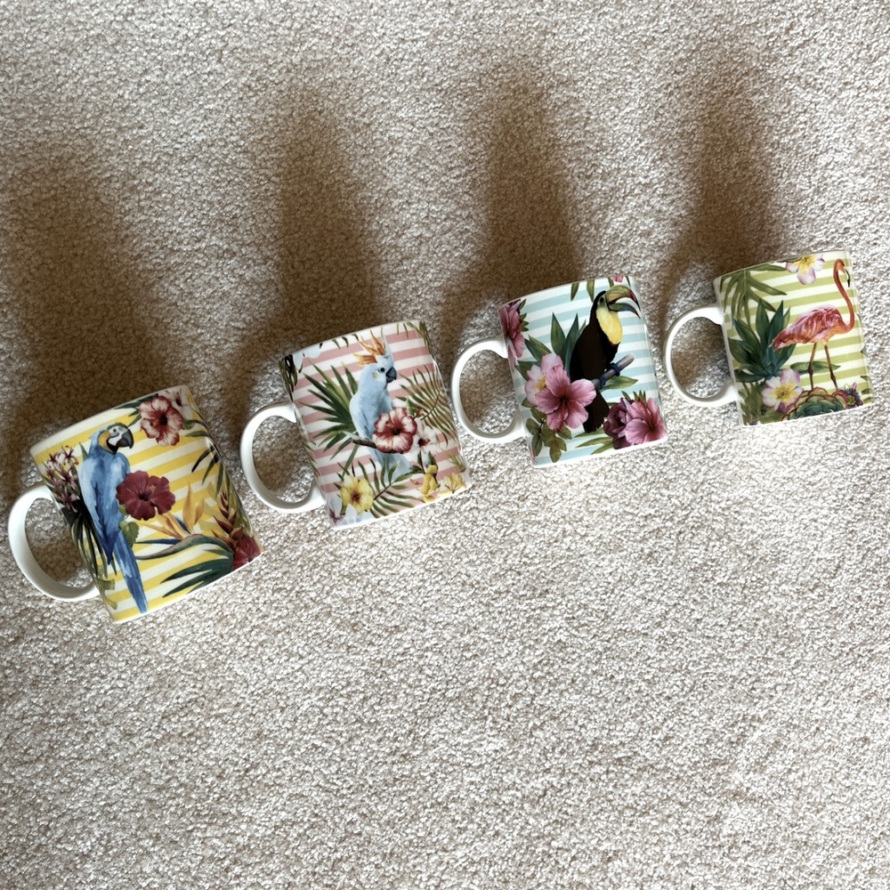 New Bone China Mugs, Birds, Parrots, Stripes, Colourful cups by Kassa Elements